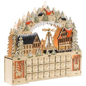 Christmas Advent Calendar, Light Up Wooden Holiday Decoration with 24 Countdown Drawers and LED Lights for Kids and Adults, Battery Operated, Natural