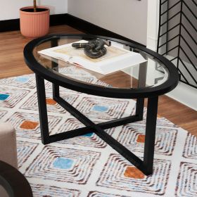 1PC Glass Coffee Table Oval Living Room Table with Cross Base and Acacia Wood Legs